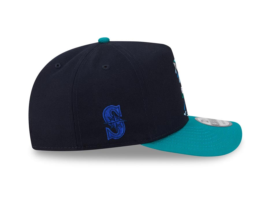 Seattle Mariners New Era MLB 9FORTY 940 A-Frame Snapback Cap Hat Navy Blue Crown Teal Visor Team Color Logo With Raining Cartoon