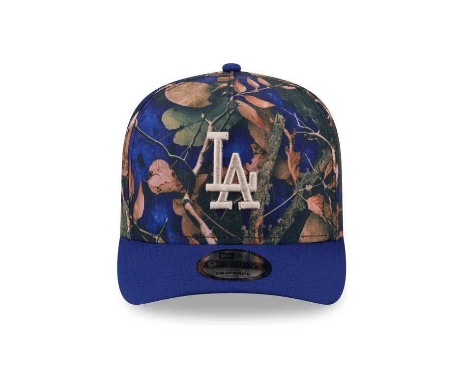 Los Angeles Dodgers New Era MLB 9FORTY 940 A-Frame Snapback Cap Hat Leaves Camo Crown Royal Blue Visor Tan Logo 50th Anniversary Patch