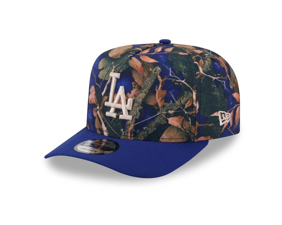 Los Angeles Dodgers New Era MLB 9FORTY 940 A-Frame Snapback Cap Hat Leaves Camo Crown Royal Blue Visor Tan Logo 50th Anniversary Patch