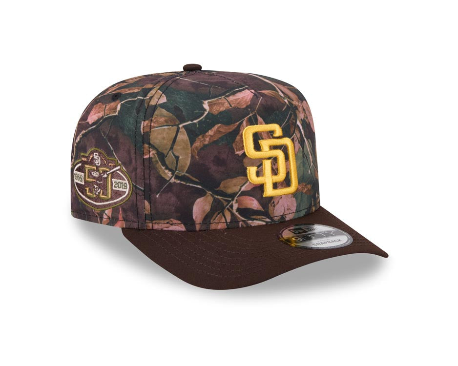 San Diego Padres New Era MLB 9FIFTY 950 A-Frame Snapback Cap Hat Leaves Camo Crown Brown Visor Yellow Logo 50th Anniversary Side Patch