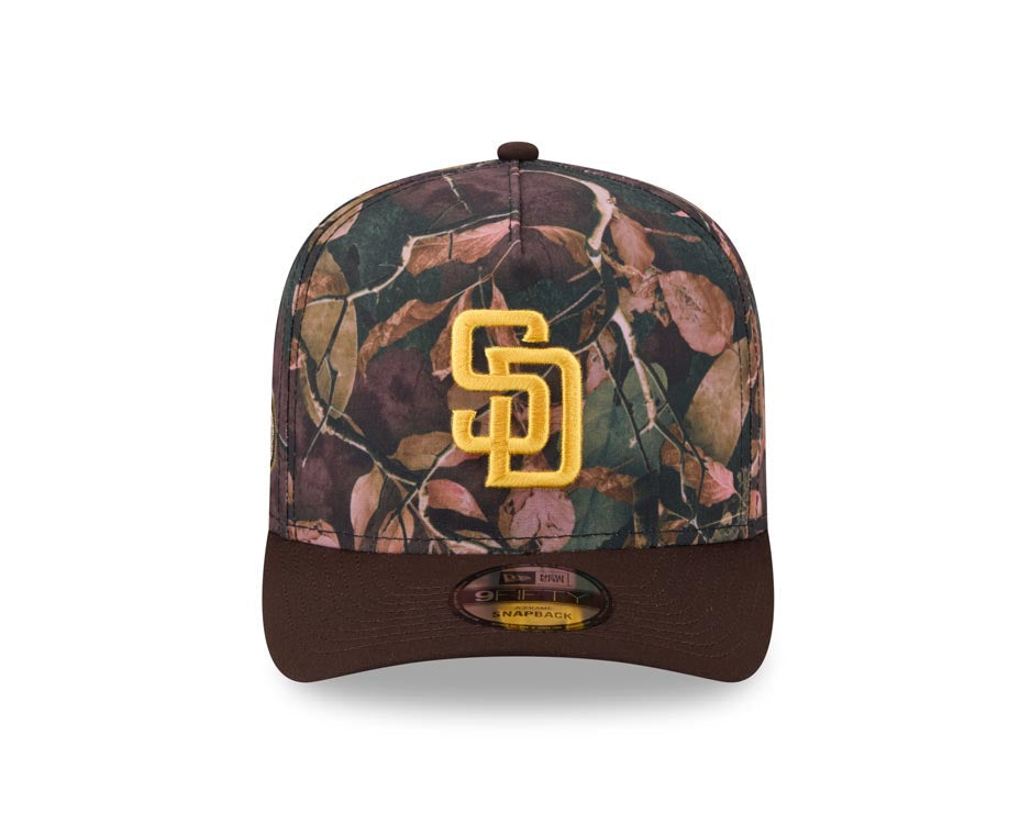 San Diego Padres New Era MLB 9FIFTY 950 A-Frame Snapback Cap Hat Leaves Camo Crown Brown Visor Yellow Logo 50th Anniversary Side Patch