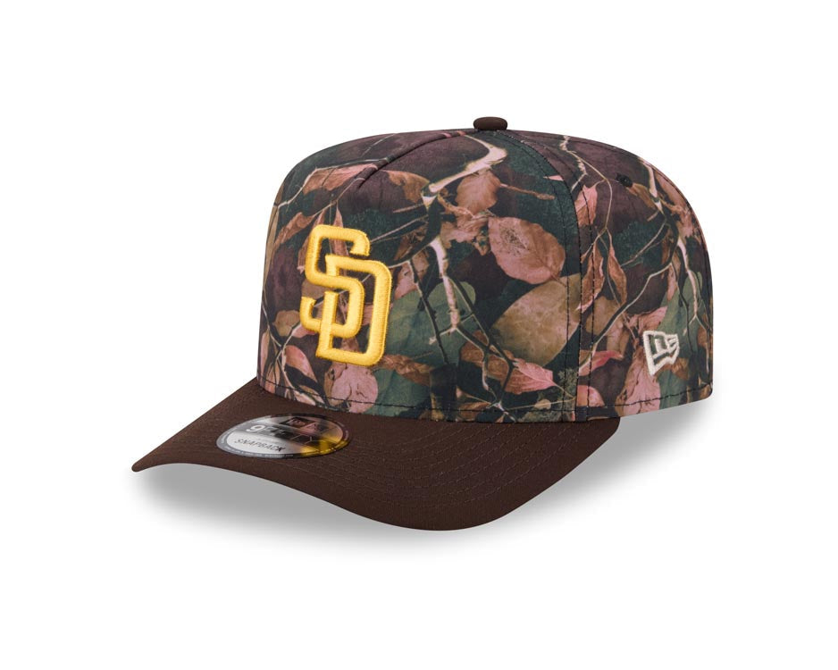 San Diego Padres New Era MLB 9FIFTY 950 A-Frame Snapback Cap Hat Leaves Camo Crown Brown Visor Yellow Logo 50th Anniversary Side Patch