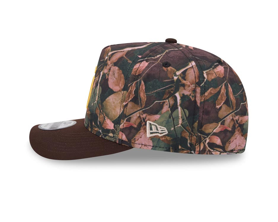 San Diego Padres New Era MLB 9FIFTY 950 A-Frame Snapback Cap Hat Leaves Camo Crown Brown Visor Yellow Logo 50th Anniversary Side Patch