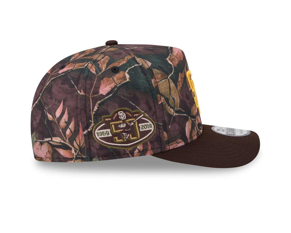 San Diego Padres New Era MLB 9FIFTY 950 A-Frame Snapback Cap Hat Leaves Camo Crown Brown Visor Yellow Logo 50th Anniversary Side Patch