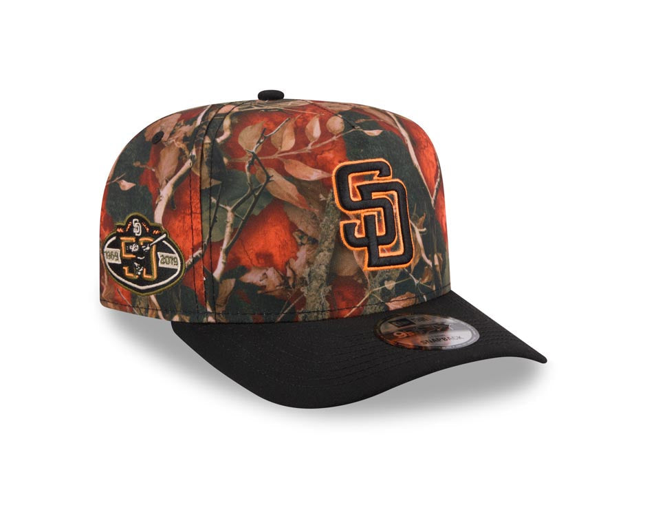 San Diego Padres New Era MLB 9FIFTY 950 A-Frame Snapback Cap Hat Leaves Camo Crown Black Visor Black/Orange Logo 50th Anniversary Side Patch