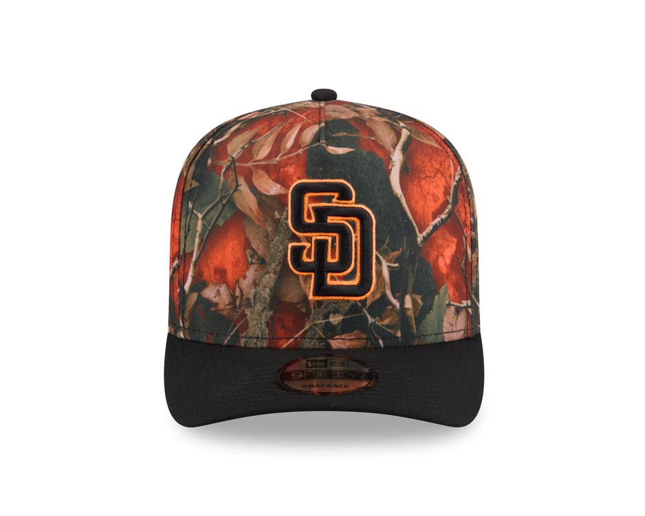 San Diego Padres New Era MLB 9FIFTY 950 A-Frame Snapback Cap Hat Leaves Camo Crown Black Visor Black/Orange Logo 50th Anniversary Side Patch