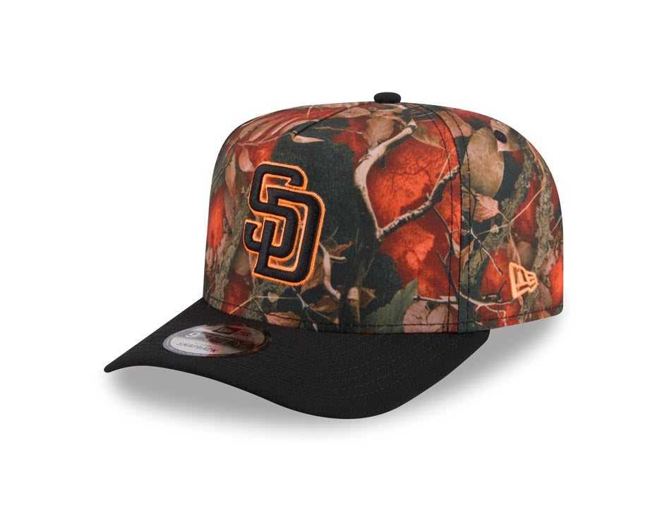 San Diego Padres New Era MLB 9FIFTY 950 A-Frame Snapback Cap Hat Leaves Camo Crown Black Visor Black/Orange Logo 50th Anniversary Side Patch