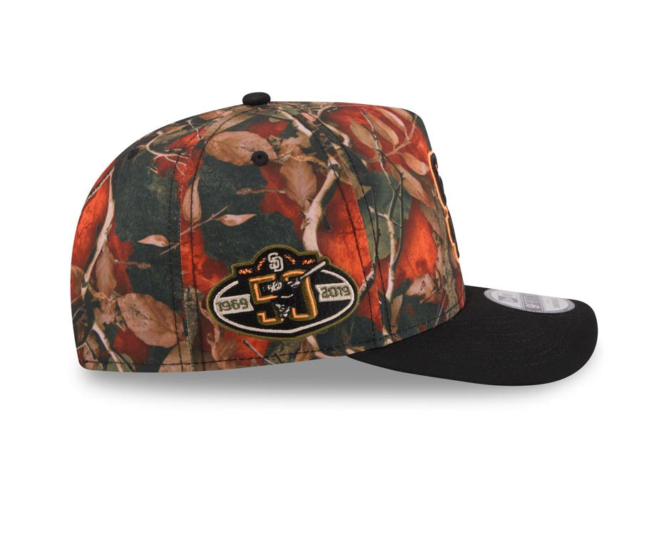 San Diego Padres New Era MLB 9FIFTY 950 A-Frame Snapback Cap Hat Leaves Camo Crown Black Visor Black/Orange Logo 50th Anniversary Side Patch