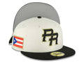 Puerto Rico New Era 59FIFTY 5950 Fitted Cap Hat Chrome White Crown Black Visor Black/Metallic Gold Logo WBC Back Logo Puerto Rico Flag Side Patch