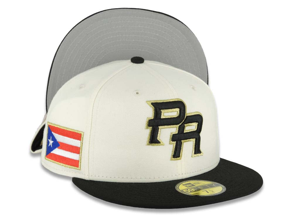 Puerto Rico New Era 59FIFTY 5950 Fitted Cap Hat Chrome White Crown Black Visor Black/Metallic Gold Logo WBC Back Logo Puerto Rico Flag Side Patch