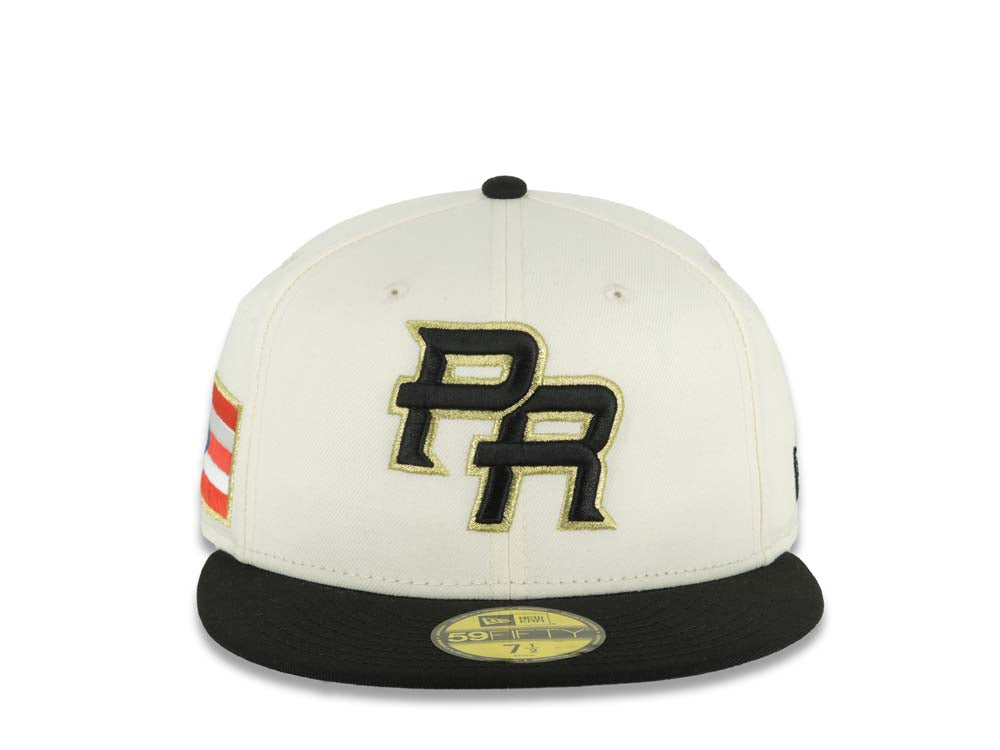 Puerto Rico New Era 59FIFTY 5950 Fitted Cap Hat Chrome White Crown Black Visor Black/Metallic Gold Logo WBC Back Logo Puerto Rico Flag Side Patch