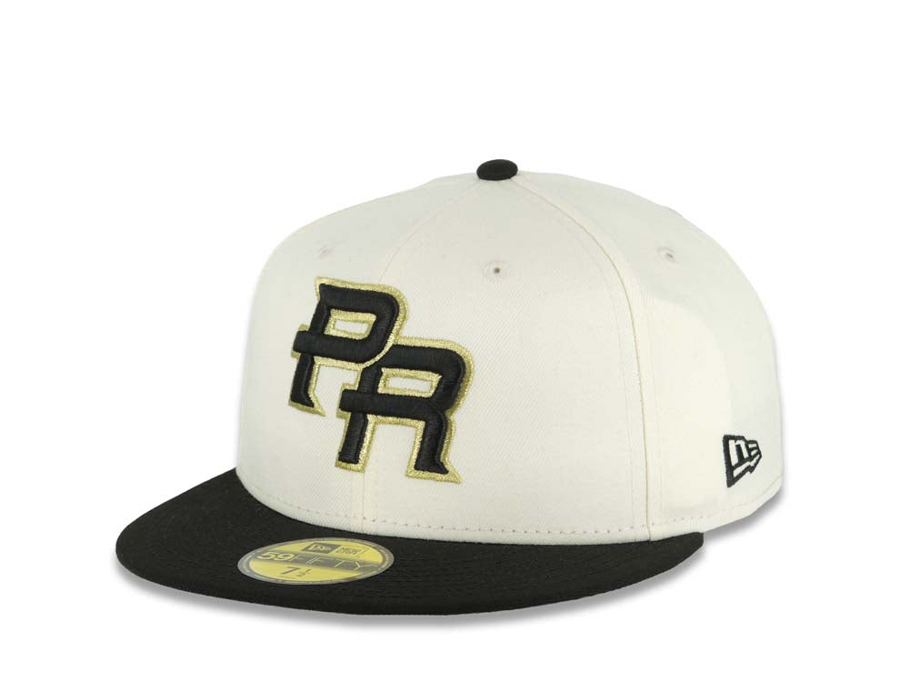 Puerto Rico New Era 59FIFTY 5950 Fitted Cap Hat Chrome White Crown Black Visor Black/Metallic Gold Logo WBC Back Logo Puerto Rico Flag Side Patch