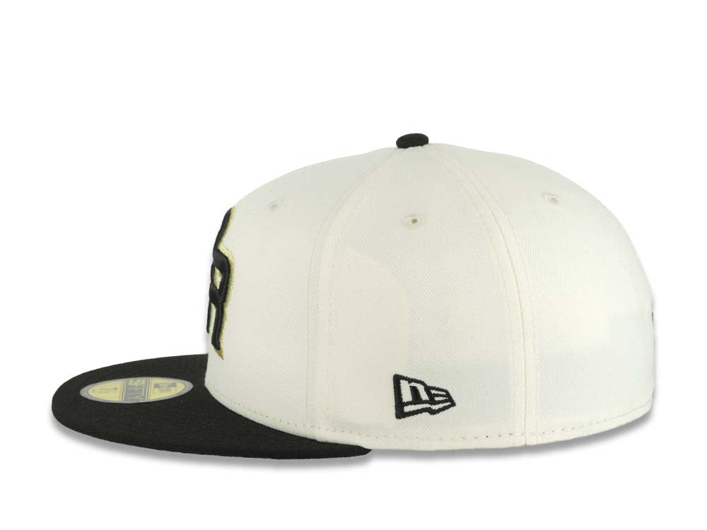 Puerto Rico New Era 59FIFTY 5950 Fitted Cap Hat Chrome White Crown Black Visor Black/Metallic Gold Logo WBC Back Logo Puerto Rico Flag Side Patch
