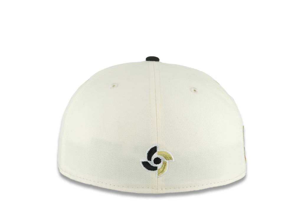 Puerto Rico New Era 59FIFTY 5950 Fitted Cap Hat Chrome White Crown Black Visor Black/Metallic Gold Logo WBC Back Logo Puerto Rico Flag Side Patch