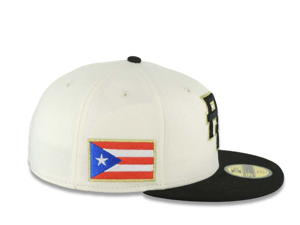 Puerto Rico New Era 59FIFTY 5950 Fitted Cap Hat Chrome White Crown Black Visor Black/Metallic Gold Logo WBC Back Logo Puerto Rico Flag Side Patch