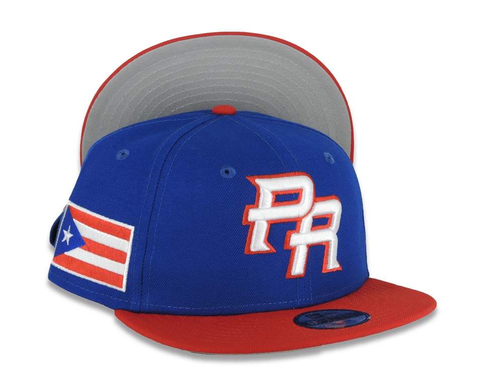 (Youth)Puerto Rico New Era 9FIFTY 950 Kid Snapback Cap Hat Ligh Royal Blue Crown Red Visor Red/White Logo Puerto Rico Flag Side Patch Gray UV