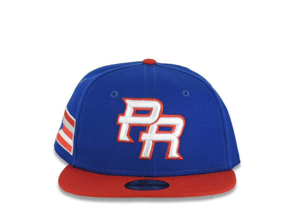(Youth)Puerto Rico New Era 9FIFTY 950 Kid Snapback Cap Hat Ligh Royal Blue Crown Red Visor Red/White Logo Puerto Rico Flag Side Patch Gray UV