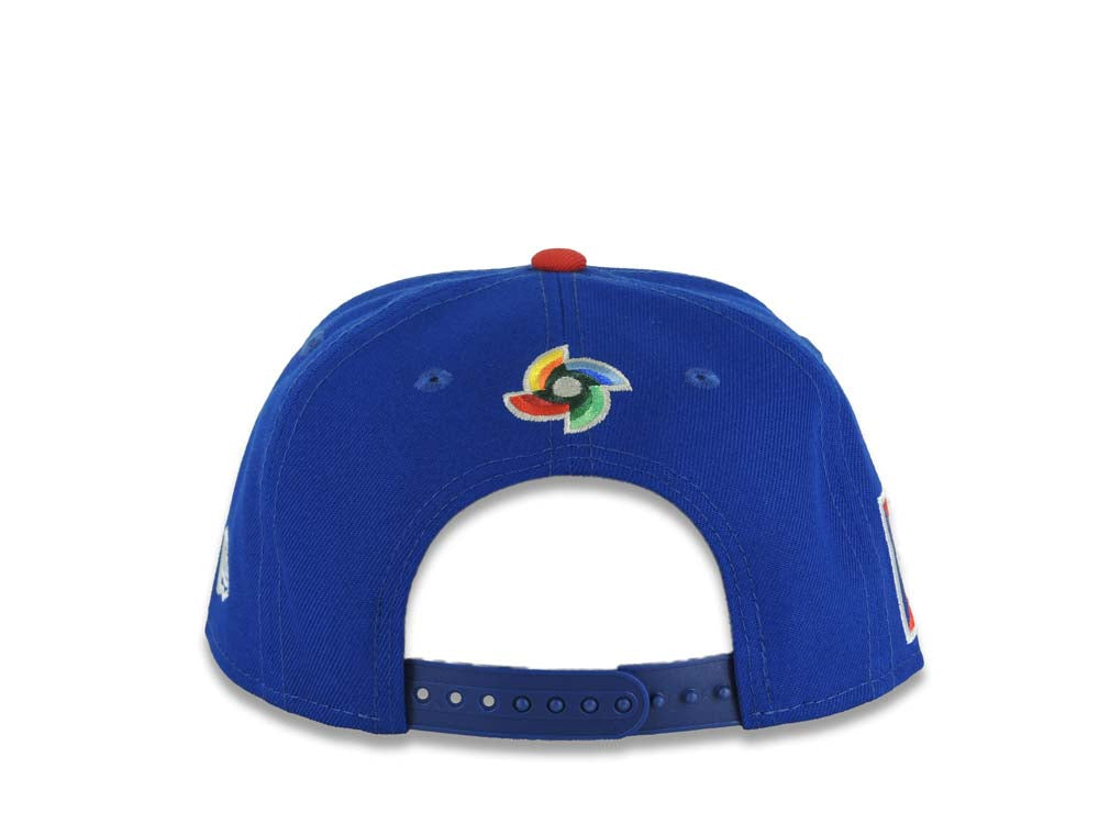 (Youth)Puerto Rico New Era 9FIFTY 950 Kid Snapback Cap Hat Ligh Royal Blue Crown Red Visor Red/White Logo Puerto Rico Flag Side Patch Gray UV