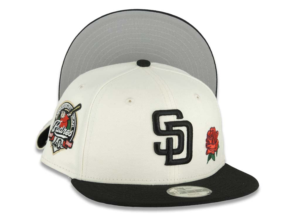 (Youth)San Diego Padres New Era MLB 9FIFTY 950 Kid Snapback Cap Hat Cream Crown Black Visor Black Logo With Rose 40th Anniversary Side Patch
