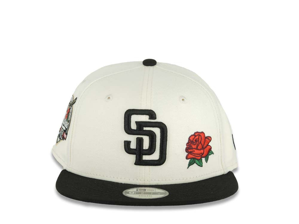 (Youth)San Diego Padres New Era MLB 9FIFTY 950 Kid Snapback Cap Hat Cream Crown Black Visor Black Logo With Rose 40th Anniversary Side Patch