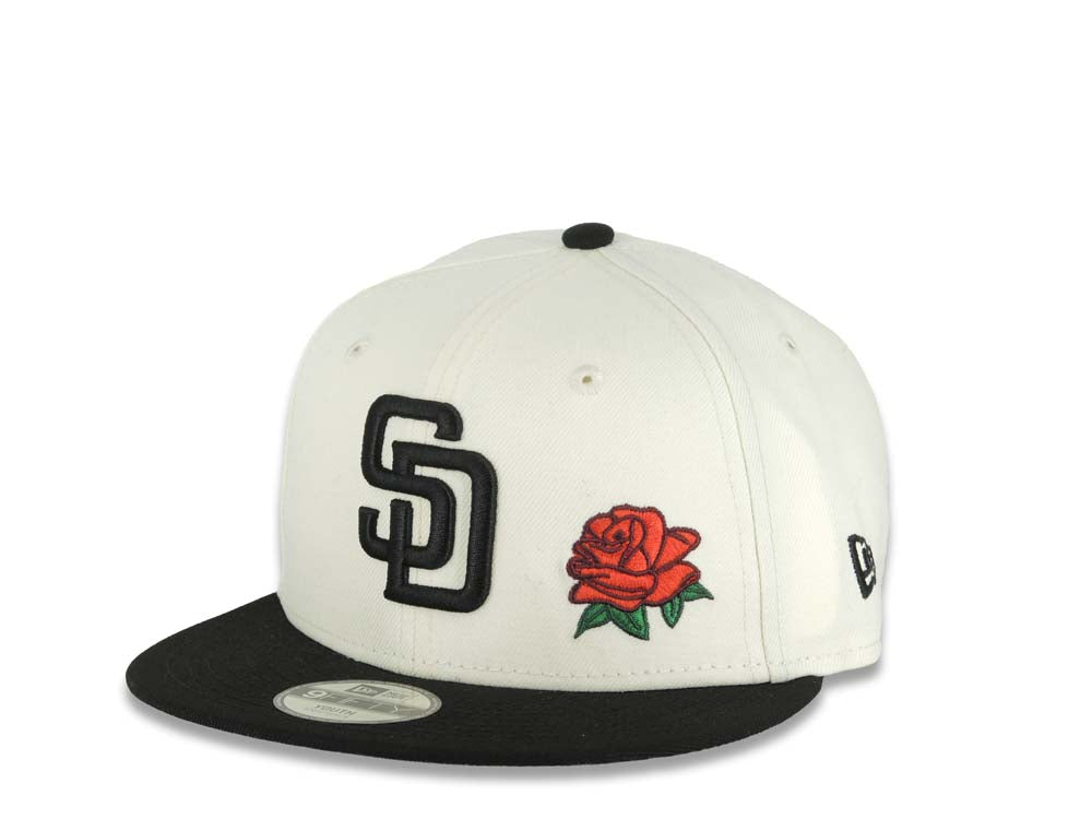 (Youth)San Diego Padres New Era MLB 9FIFTY 950 Kid Snapback Cap Hat Cream Crown Black Visor Black Logo With Rose 40th Anniversary Side Patch