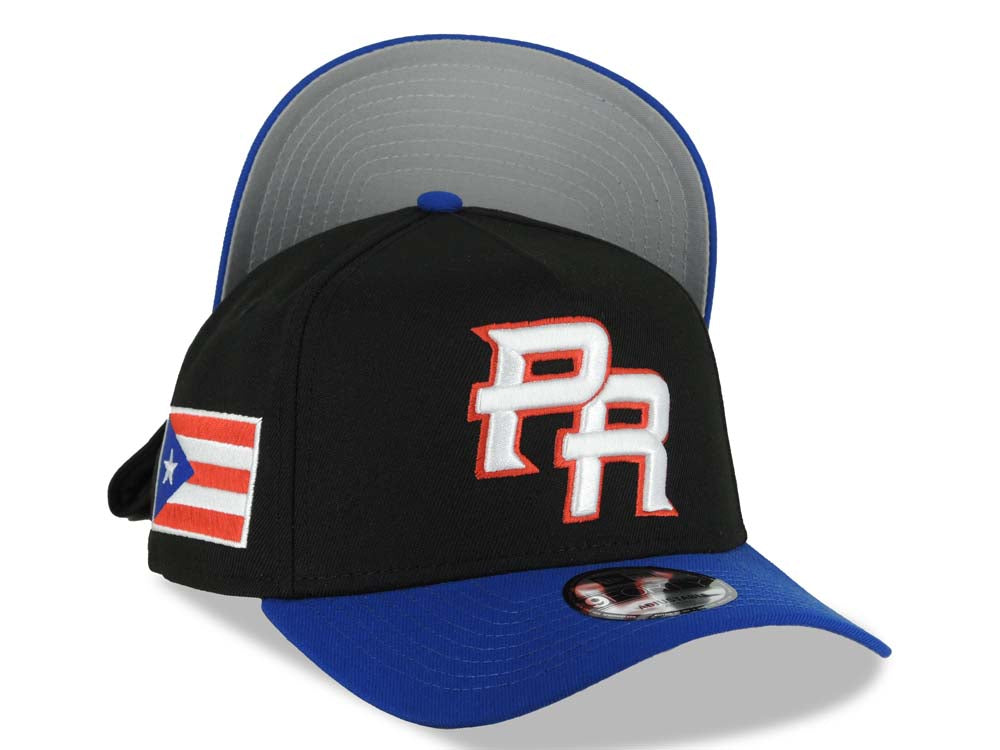 Puerto Rico New Era 9FORTY 940 Adjustable A-Frame Cap Hat Black Crown Royal Blue Visor White/Red Logo WBC Back Logo Puerto Rico Flag Side Patch