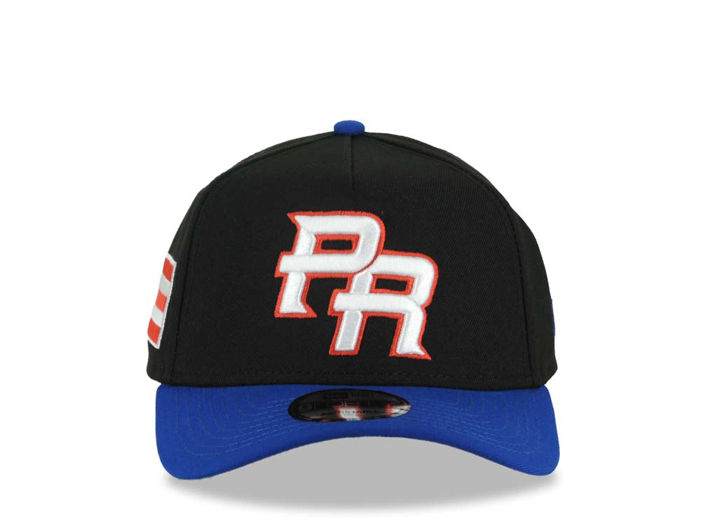 Puerto Rico New Era 9FORTY 940 Adjustable A-Frame Cap Hat Black Crown Royal Blue Visor White/Red Logo WBC Back Logo Puerto Rico Flag Side Patch