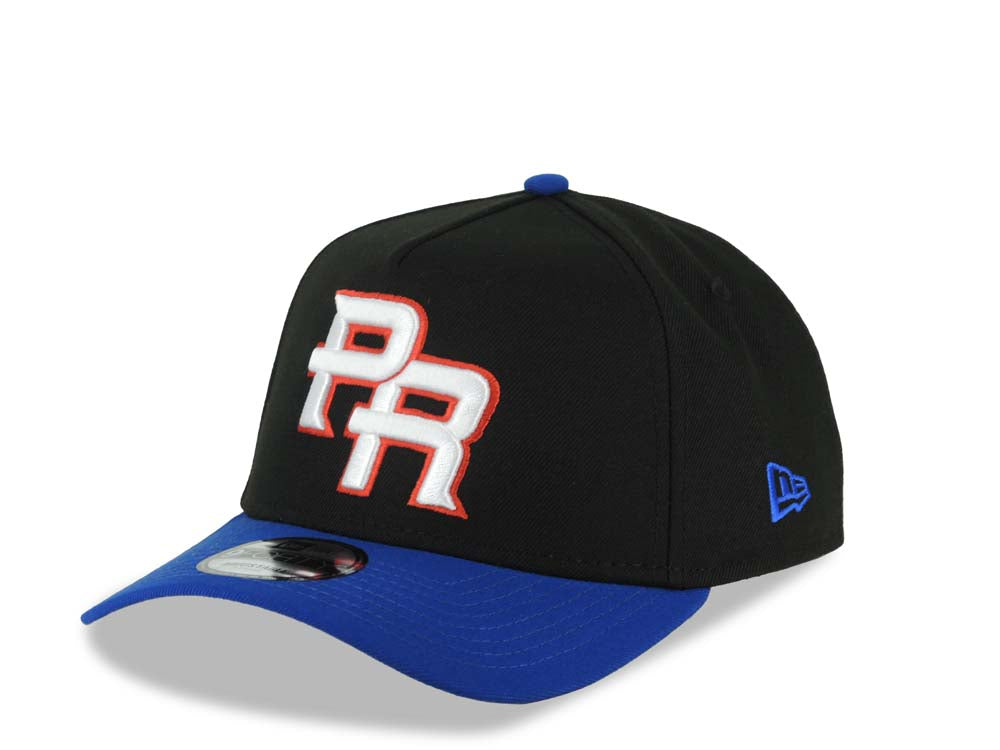 Puerto Rico New Era 9FORTY 940 Adjustable A-Frame Cap Hat Black Crown Royal Blue Visor White/Red Logo WBC Back Logo Puerto Rico Flag Side Patch