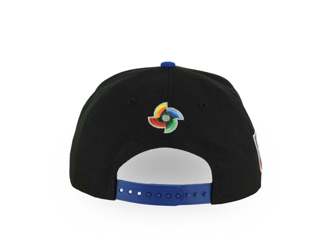 Puerto Rico New Era 9FORTY 940 Adjustable A-Frame Cap Hat Black Crown Royal Blue Visor White/Red Logo WBC Back Logo Puerto Rico Flag Side Patch