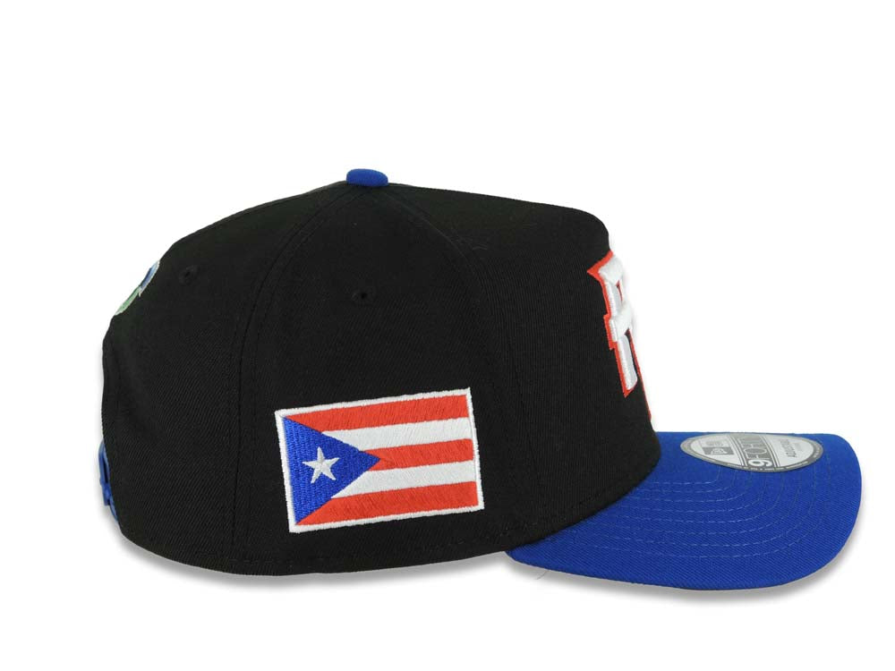 Puerto Rico New Era 9FORTY 940 Adjustable A-Frame Cap Hat Black Crown Royal Blue Visor White/Red Logo WBC Back Logo Puerto Rico Flag Side Patch