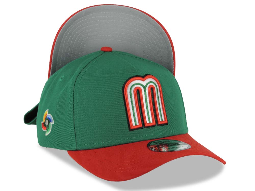 Mexico New Era 9FORTY 940 Adjustable A-Frame Cap Hat Green Crown Red Visor Default Logo WBC World Baseball Classic Side Patch Gray UV