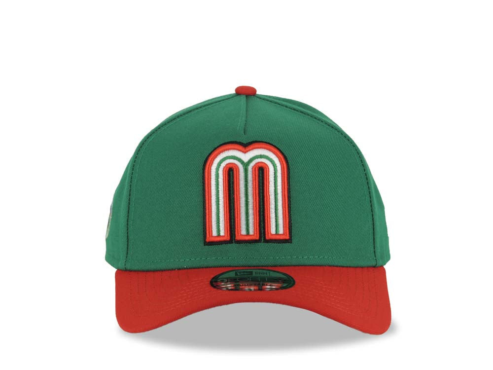 Mexico New Era 9FORTY 940 Adjustable A-Frame Cap Hat Green Crown Red Visor Default Logo WBC World Baseball Classic Side Patch Gray UV
