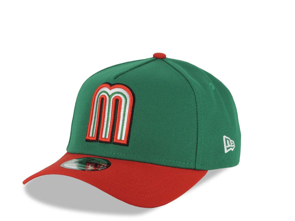 Mexico New Era 9FORTY 940 Adjustable A-Frame Cap Hat Green Crown Red Visor Default Logo WBC World Baseball Classic Side Patch Gray UV