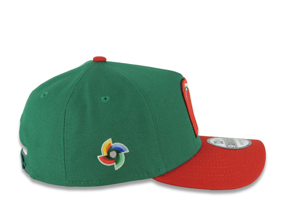 Mexico New Era 9FORTY 940 Adjustable A-Frame Cap Hat Green Crown Red Visor Default Logo WBC World Baseball Classic Side Patch Gray UV