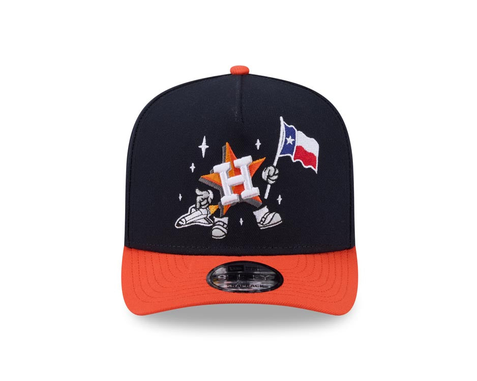 Houston Astros New Era MLB 9FIFTY 950 Snapback A-Frame Cap Hat Navy Blue Crown Orange Visor Team Color Logo With Cartoon Gray UV