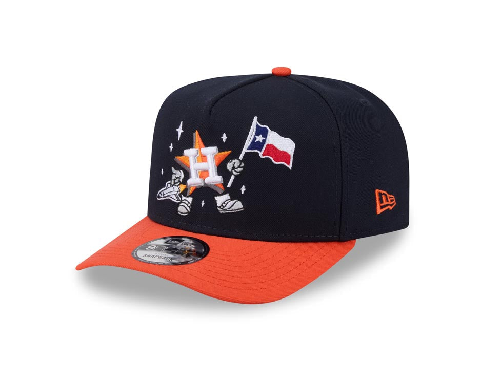 Houston Astros New Era MLB 9FIFTY 950 Snapback A-Frame Cap Hat Navy Blue Crown Orange Visor Team Color Logo With Cartoon Gray UV