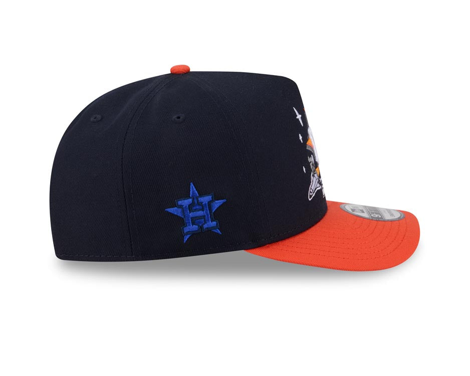 Houston Astros New Era MLB 9FIFTY 950 Snapback A-Frame Cap Hat Navy Blue Crown Orange Visor Team Color Logo With Cartoon Gray UV