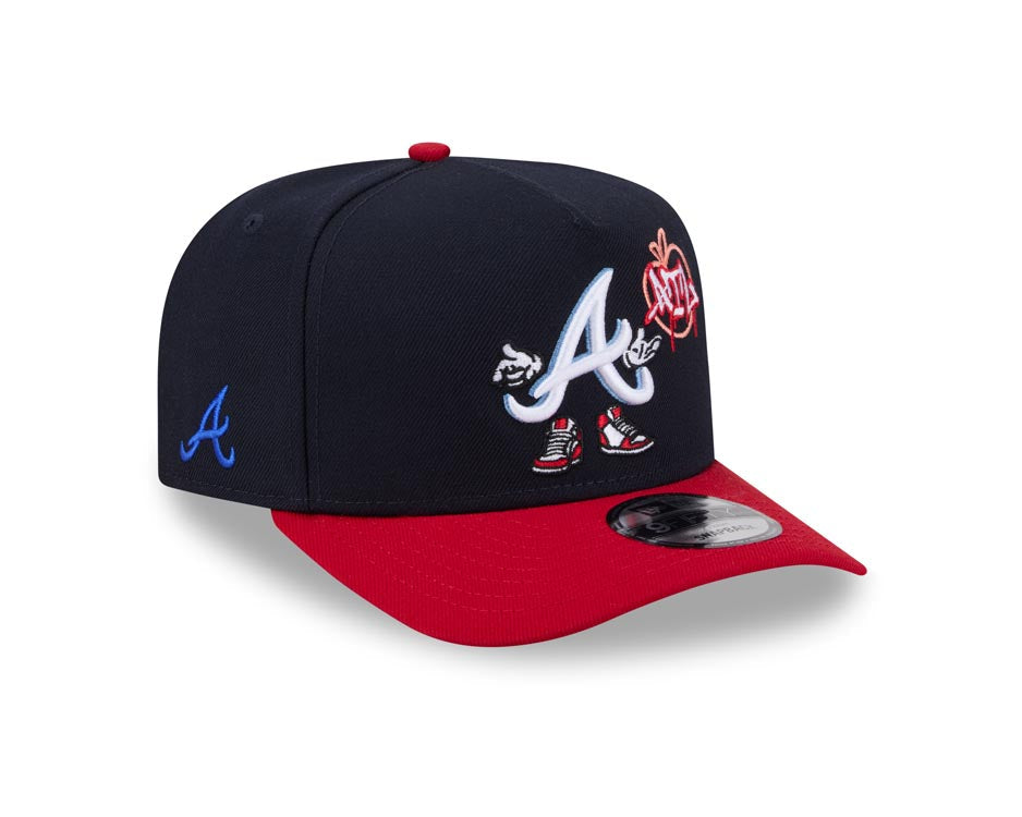 Atlanta Braves New Era MLB 9FIFTY 950 Snapback A-Frame Cap Hat Navy Blue Crown Red Visor White/Sky Blue Logo With Cartoon Gray UV