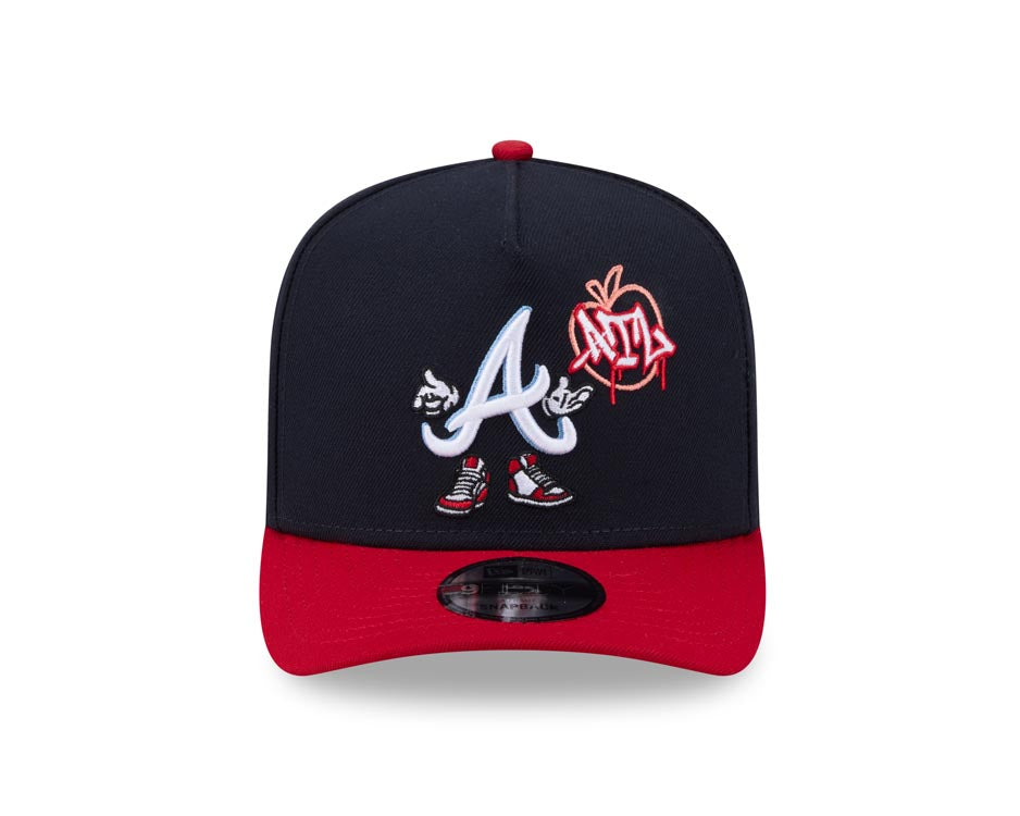 Atlanta Braves New Era MLB 9FIFTY 950 Snapback A-Frame Cap Hat Navy Blue Crown Red Visor White/Sky Blue Logo With Cartoon Gray UV