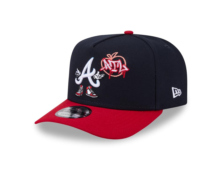Atlanta Braves New Era MLB 9FIFTY 950 Snapback A-Frame Cap Hat Navy Blue Crown Red Visor White/Sky Blue Logo With Cartoon Gray UV