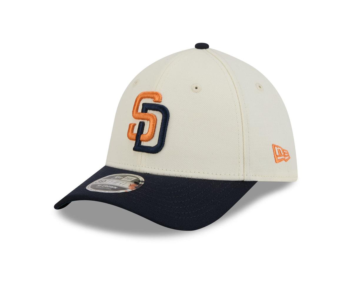 San Diego Padres New Era MLB 39THIRTY 3930 Flexfit Cap Hat Chrome White Crown Navy Blue Visor Orange/Navy Logo (2026 City Connect 2.0)