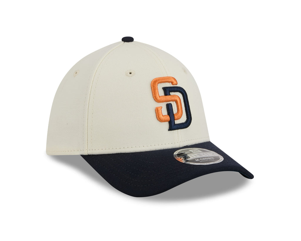 San Diego Padres New Era MLB 39THIRTY 3930 Flexfit Cap Hat Chrome White Crown Navy Blue Visor Orange/Navy Logo (2026 City Connect 2.0)