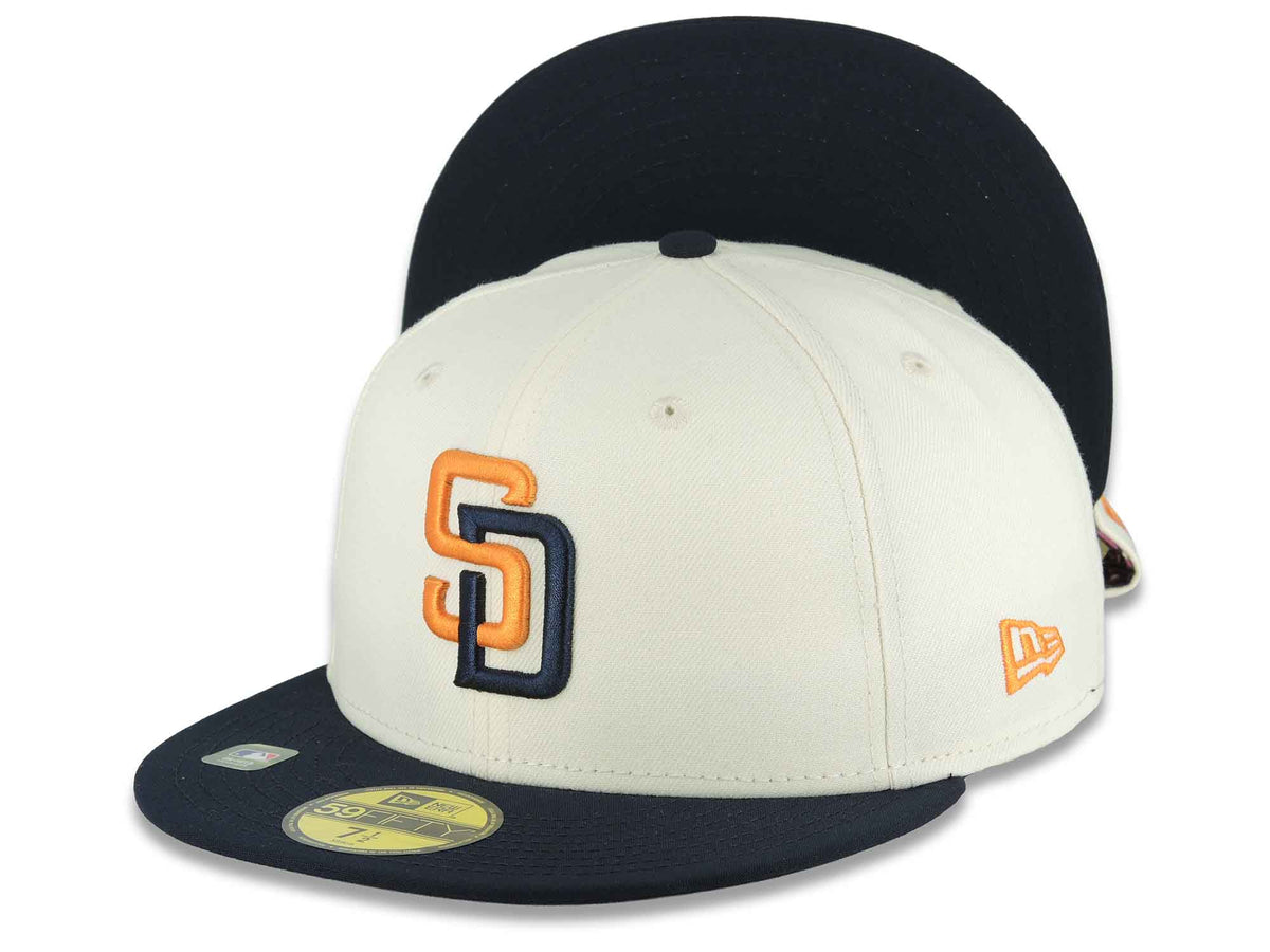 San Diego Padres New Era MLB 59FIFTY 5950 Fitted Cap Hat Chrome White Crown Navy Blue Visor Orange/Navy Logo (2026 City Connect 2.0)