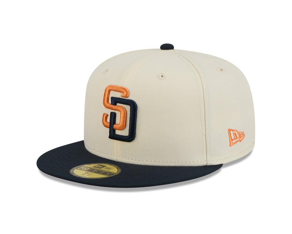 San Diego Padres New Era MLB 59FIFTY 5950 Fitted Cap Hat Chrome White Crown Navy Blue Visor Orange/Navy Logo (2026 City Connect 2.0)
