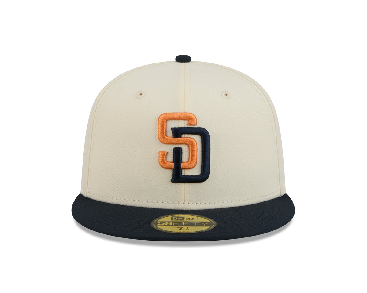 San Diego Padres New Era MLB 59FIFTY 5950 Fitted Cap Hat Chrome White Crown Navy Blue Visor Orange/Navy Logo (2026 City Connect 2.0)