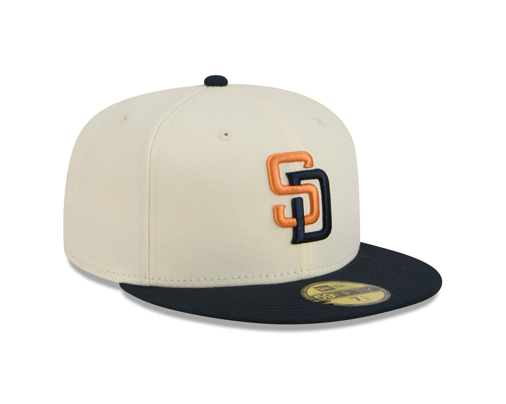 San Diego Padres New Era MLB 59FIFTY 5950 Fitted Cap Hat Chrome White Crown Navy Blue Visor Orange/Navy Logo (2026 City Connect 2.0)