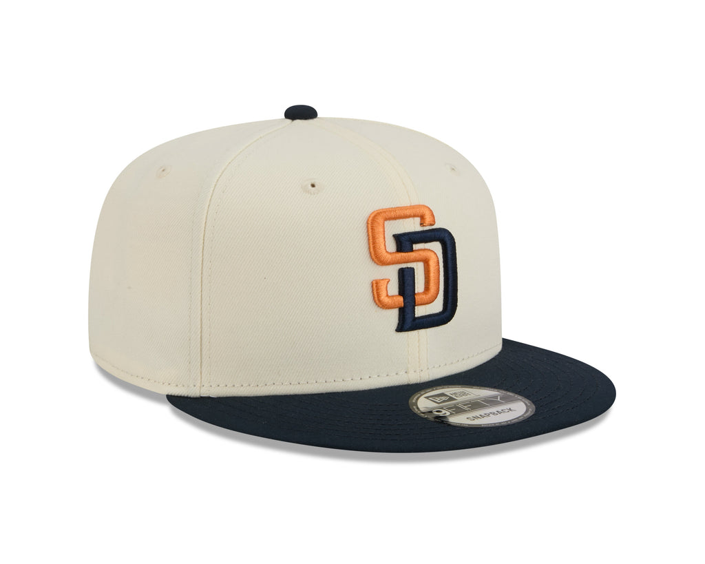 San Diego Padres New Era MLB 9FIFTY 950 Snapback Cap Hat Chrome White Crown Navy Blue Visor Orange/Navy Logo (2026 City Connect 2.0)