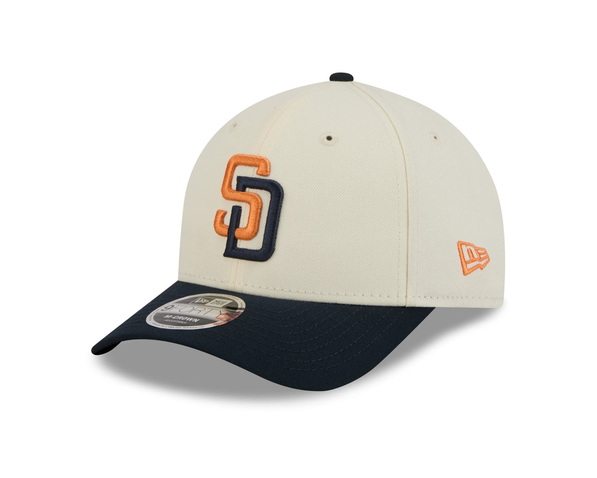 San Diego Padres New Era MLB 9FORTY 940 Adjustable M-Crown Cap Hat Chrome White Crown Navy Blue Visor Orange/Navy Logo (2026 City Connect 2.0)