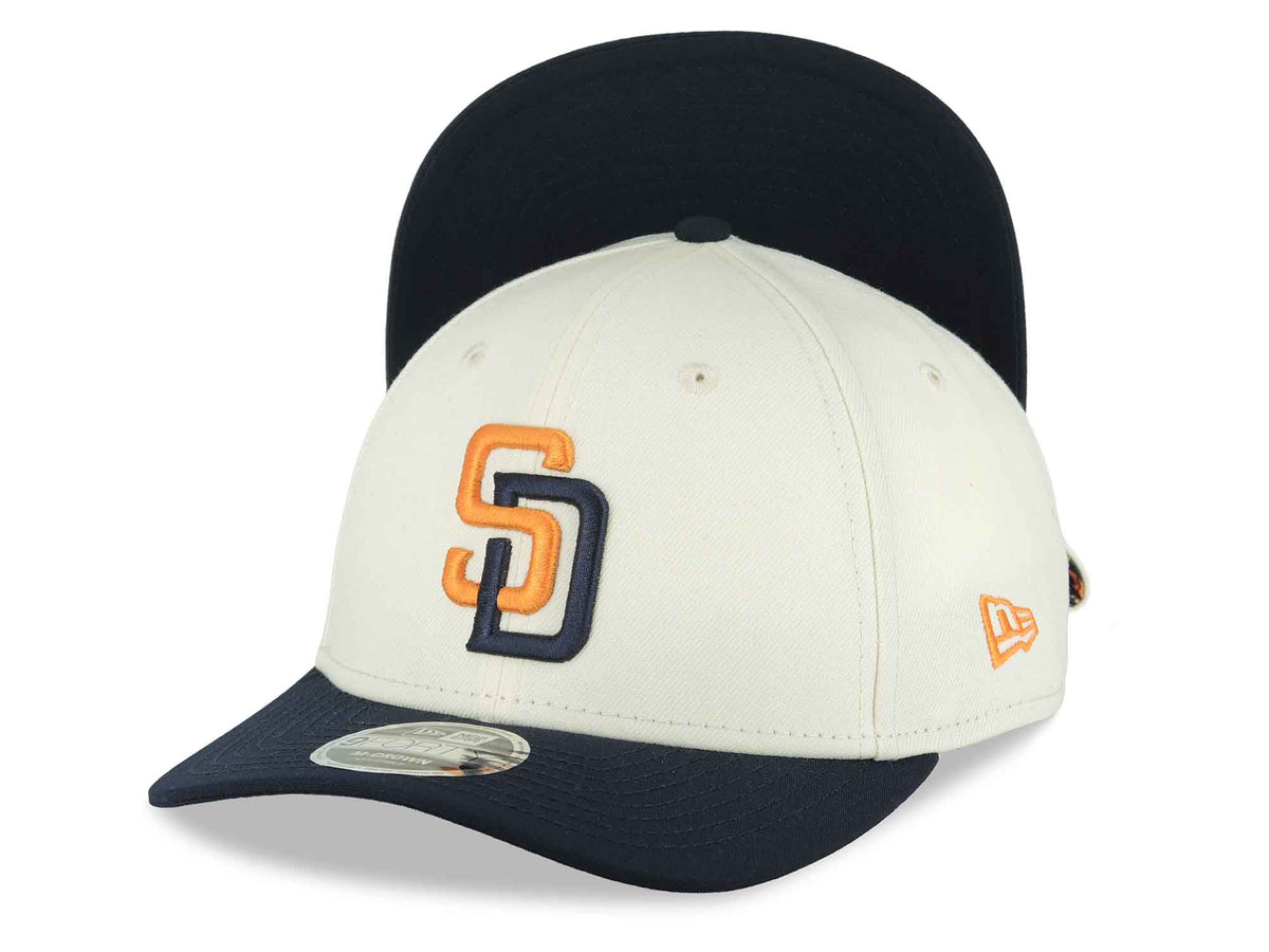 San Diego Padres New Era MLB 39THIRTY 3930 Flexfit Cap Hat Chrome White Crown Navy Blue Visor Orange/Navy Logo (2026 City Connect 2.0)