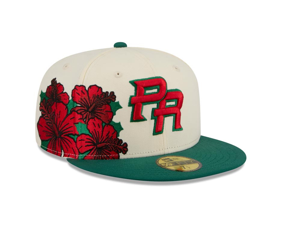 Puerto Rico New Era WBC 59FIFTY 5950 Fitted Cap Hat Chrome Crown Green Visor Red/Green Logo With Rose
